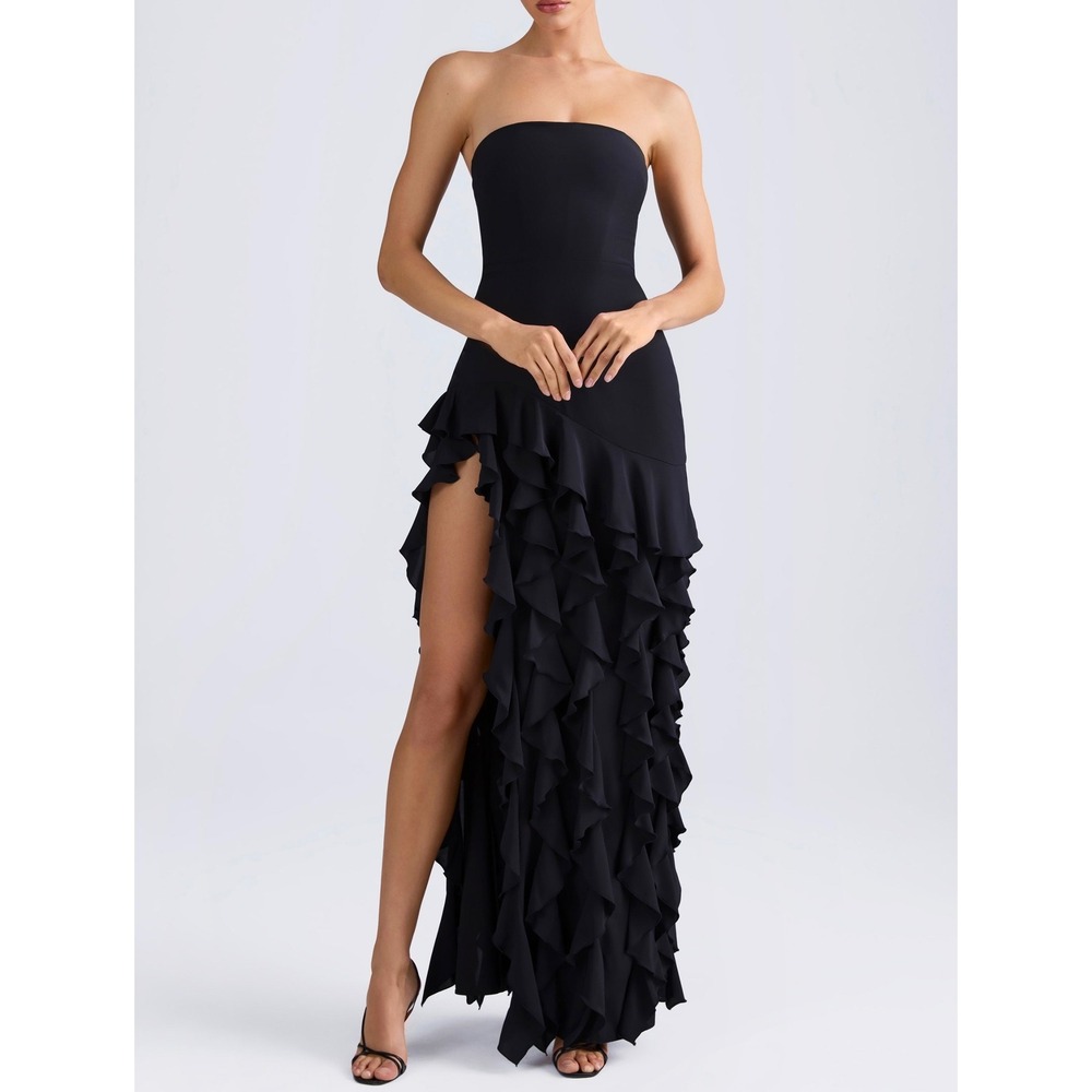 Oh Polly Black Strapless Ruffle High Slit Maxi Dress US 2 Formal Gown New